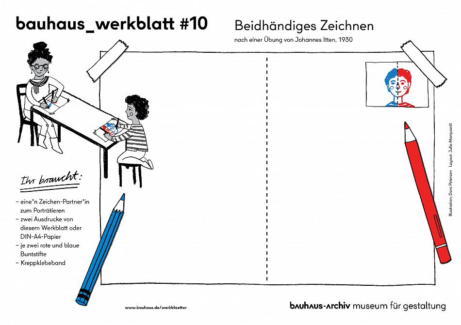 bauhaus_worksheet #10, instructions how to draw with both hands, based on an exercise by Johannes Itten
